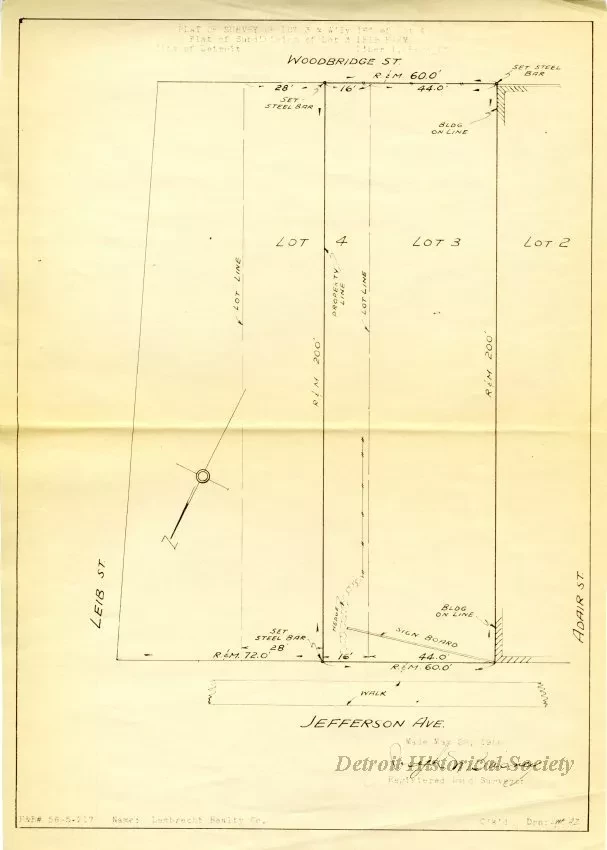 Survey, Land - Plat of Survey of Lot 3 & W'ly [Westerly] 16' of Lot 4,
Plat of Subdivision of Leib Farm, City of Detroit, Liber 1, Page 130