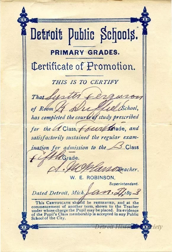 Certificate, Achievement - Detroit Public Schools
Primary Grades
Certificate of Promotion