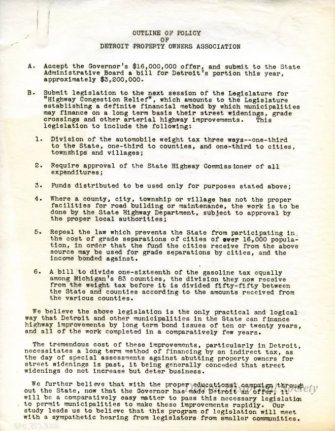 Report - Outline of Policy of Detroit Property Owners' Association