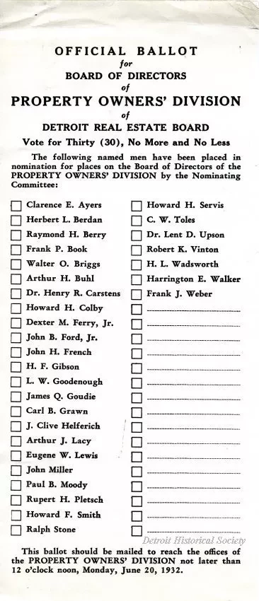 Ballot - Official Ballot for Board of Directors 
of Property Owners' Division of Detroit Real Estate Board