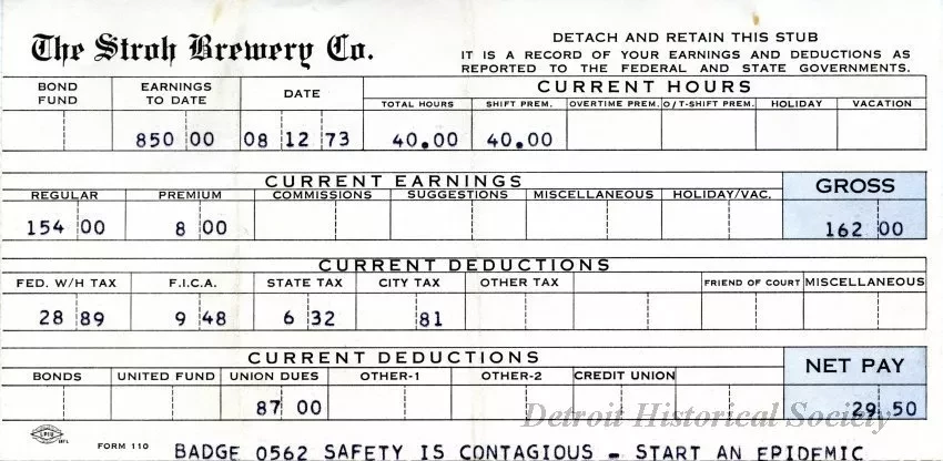 Stub, Paycheck - The Stroh Brewery Company