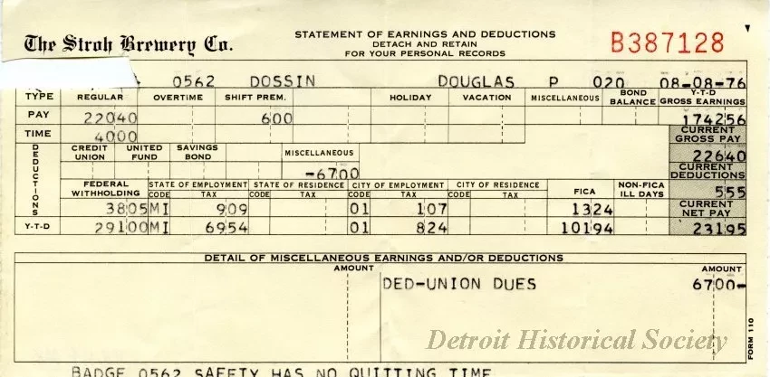 Stub, Paycheck - The Stroh Brewery Company
