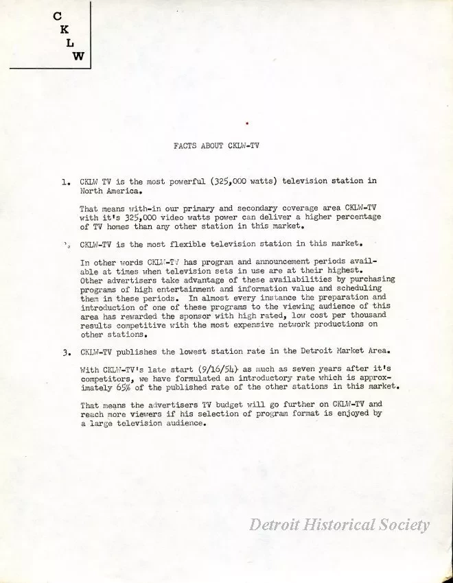 Advertisement - Facts About CKLW-TV