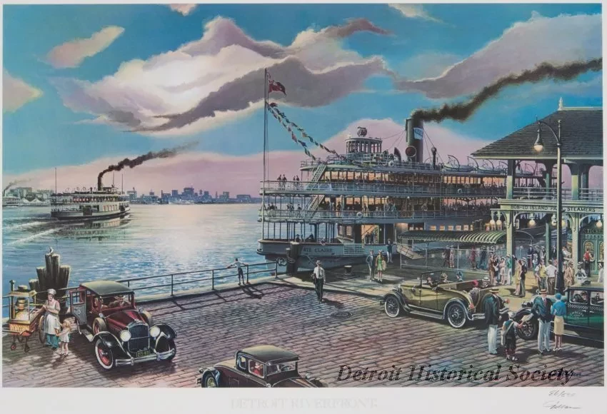 Print - Detroit Riverfront, Moonlight Cruise on the Steamer, Ste. Claire in 1929
