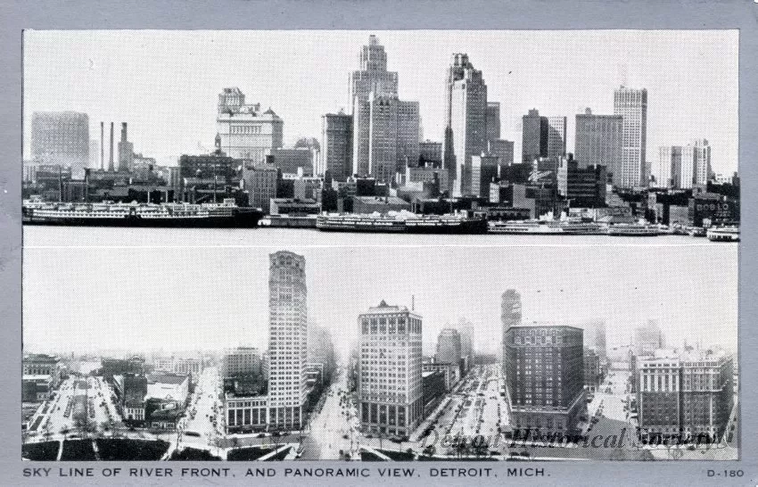 Postcard - Sky Line of River Front and Panoramic View, Detroit, Mich.