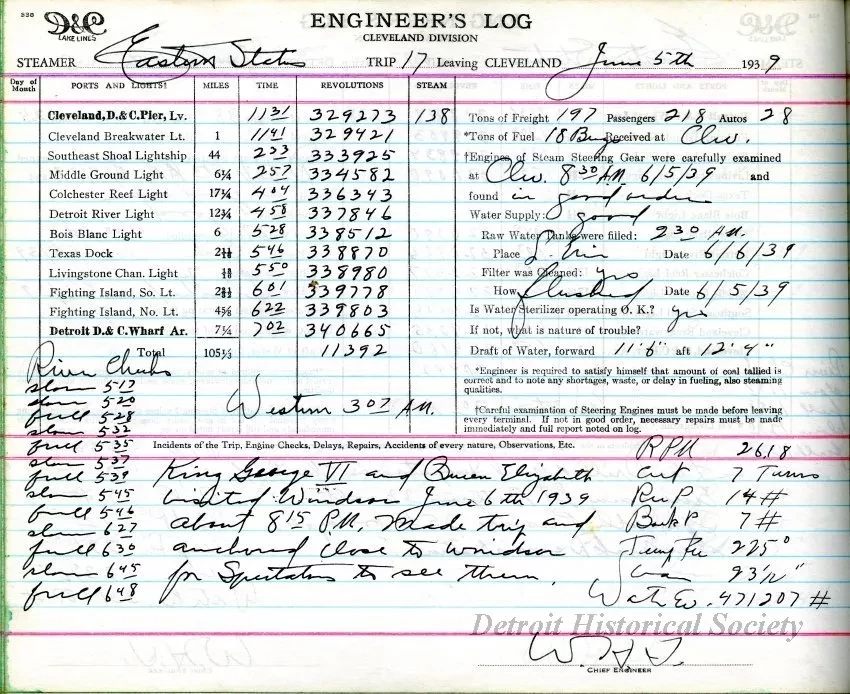 Log, Ship's - Engineer's Log 
Steamer, Eastern States