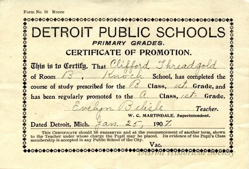 Certificate, Achievement - Detroit Public Schools
Primary Grades
Certificate of Promotion