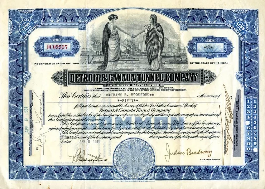 Certificate, Stock - Detroit & Canada Tunnel Company
