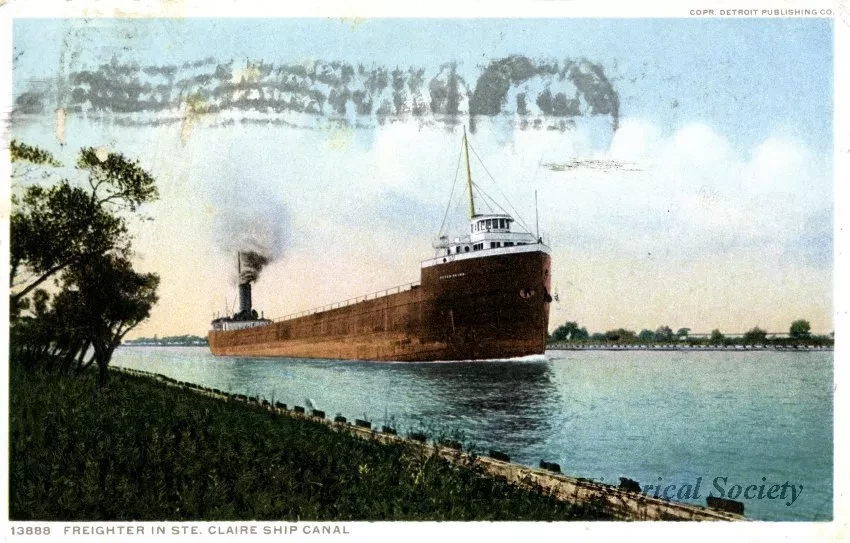 Postcard - 13888  Freighter in Ste. Claire Ship Canal
