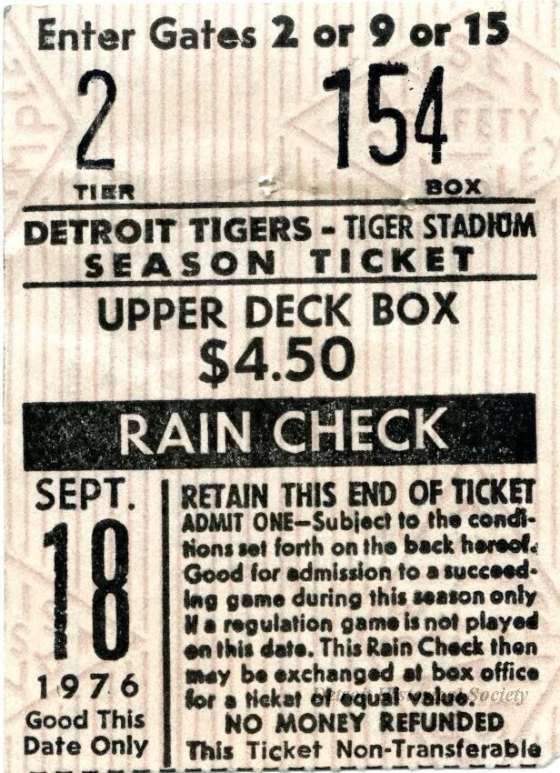 Ticket, Admission - Detroit Tigers - Tiger Stadium
Season Ticket
