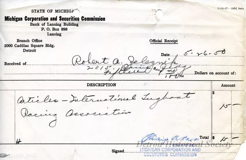 Receipt - State of Michigan
Michigan Corporation and Securities Commission