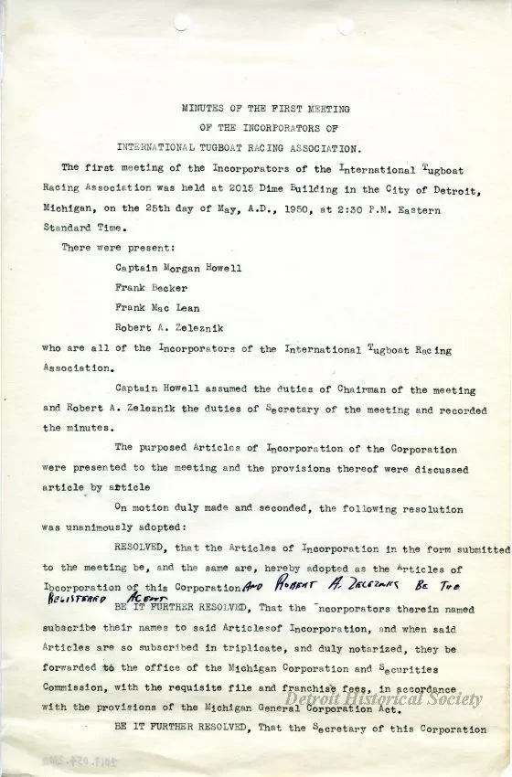 Minutes - Minutes of the First Meeting of the Incorporators 
of the International Tugboat Racing Association