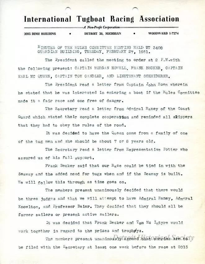 Minutes - Minutes of the Rules Committee Meeting Held at 
3408 Guardian Building, Tuesday, February 27, 1951