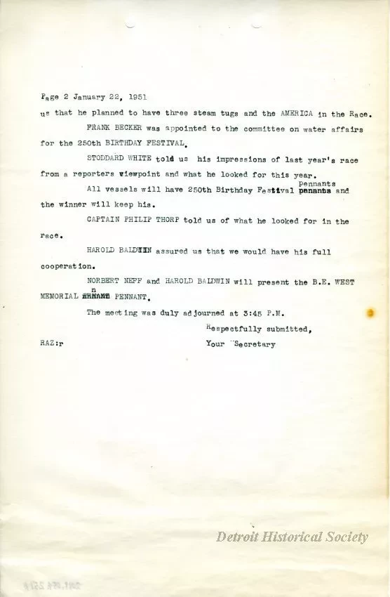 Minutes - Minutes of the Luncheon Held in the Lafayette Room of 
the Hotel Fort Shelby on Monday, January 22, 1951