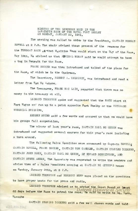 Minutes - Minutes of the Luncheon Held in the Lafayette Room of 
the Hotel Fort Shelby on Monday, January 22, 1951
