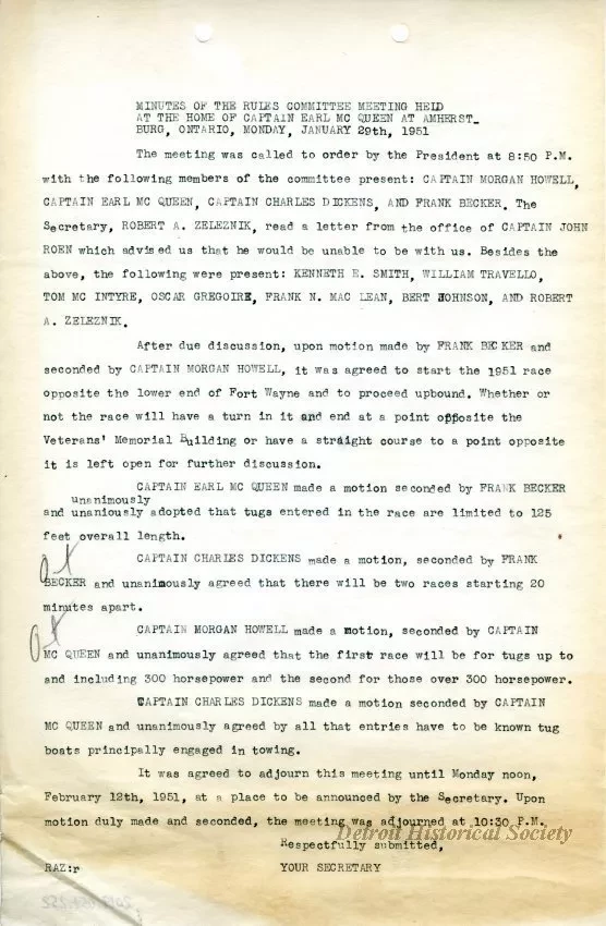 Minutes - Minutes of the Rules Committee Held at the Home of 
Captain Earl McQueen at Amherstburg, Ontario, Monday, January 29, 1951