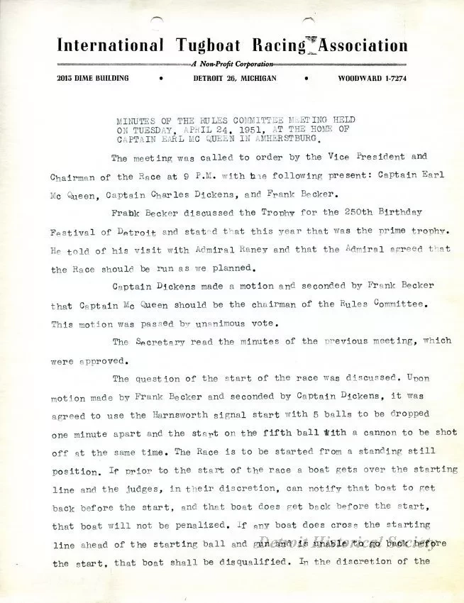 Minutes - Minutes of the Rules Committee Meeting Held on Tuesday, April 24, 1951, at the Home of Captian Earl McQueen in Amherstburg