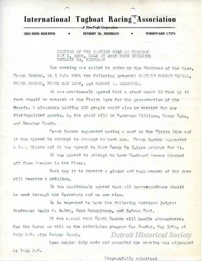 Minutes - Minutes of the Meeting Held on Tuesday, May 1, 1951, at 2015 Dime Building, Detroit 26, Michigan