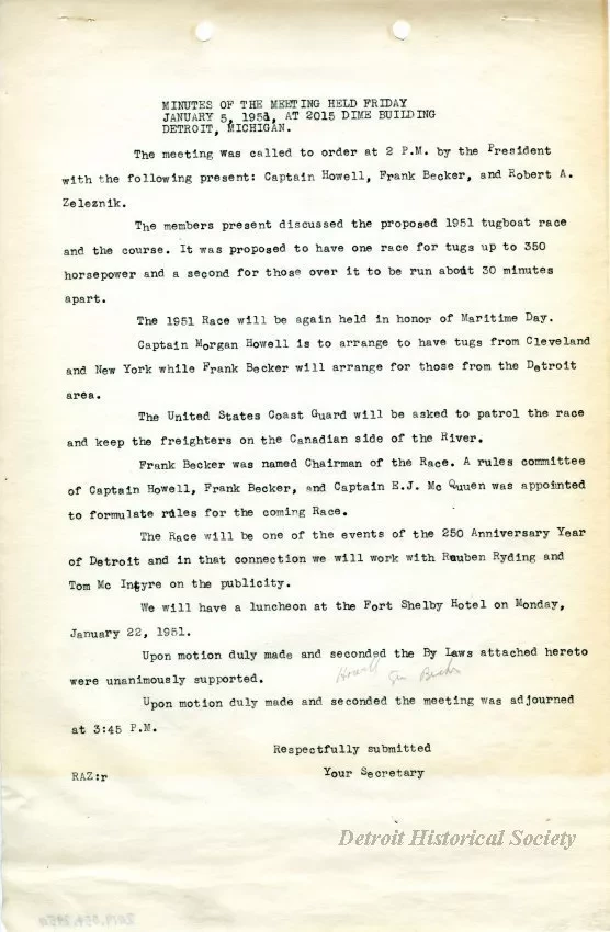 Minutes - Minutes of the Meeting Held Friday, January 5, 1951, 
at 2015 Dime Building, Detroit, Michigan