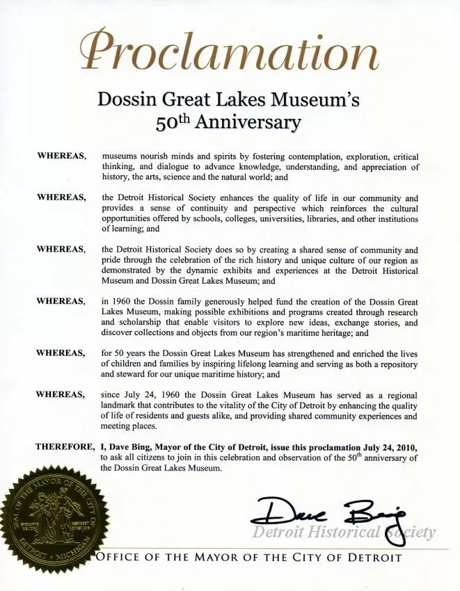 Certificate, Commemorative - Proclamation
Dossin Great Lakes Musuem's 50th Anniversary