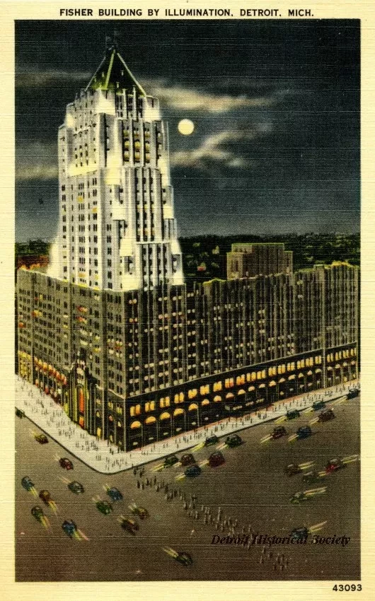 Postcard - Fisher Building by Illumination, Detroit, Mich.