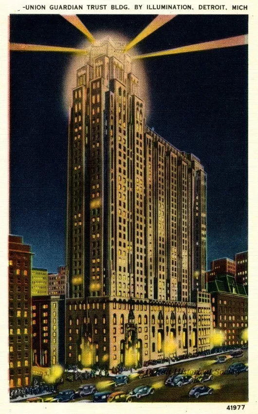 Postcard - Union Guardian Trust Bldg. by Illumination, Detroit, Mich.