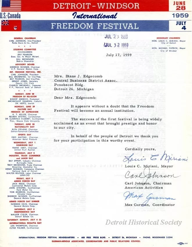 Letter - Detroit-Windsor International Freedom Festival
