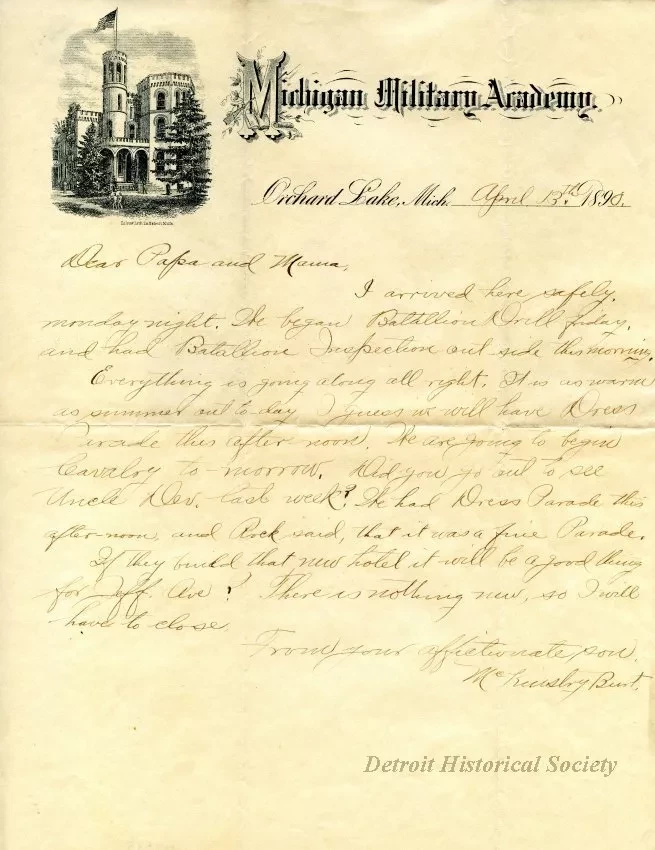 Letter - Michigan Military Academy
