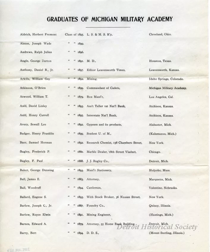 Letter - Headquarters, Michigan Military Academy