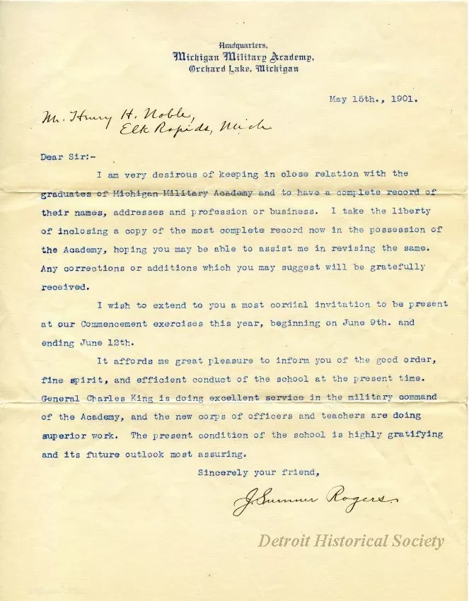 Letter - Headquarters, Michigan Military Academy