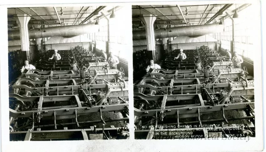 Stereograph - Varnishing Chassis In Factory Of The Hudson Motor Car Company; Note Large Drying Ovens In The Background, Hudson Motor Car Co, Detroit, USA
