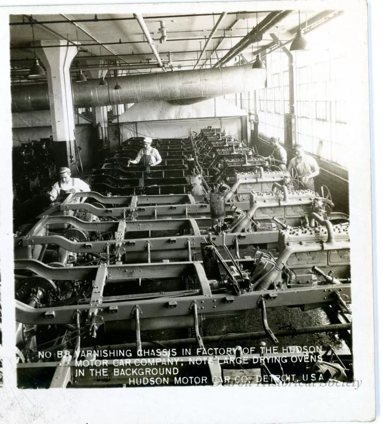 Stereograph - Varnishing Chassis In Factory Of The Hudson Motor Car Company; Note Large Drying Ovens In The Background, Hudson Motor Car Co, Detroit, USA