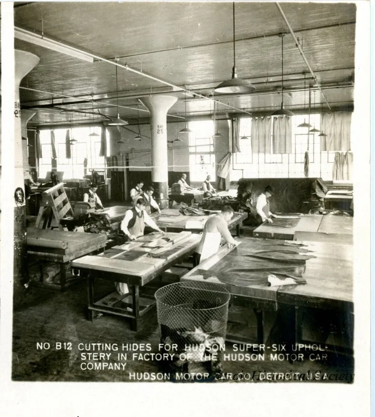 Stereograph - Cutting Hides For Hudson Super-Six Upholstery In Factory Of The Hudson Motor Car Company In The Background, Hudson Motor Car Co, Detroit, USA