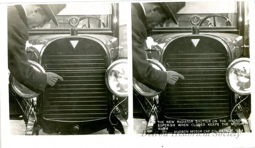 Stereograph - The New Radiator Shutter On The Hudson Super-Six When Closed Keeps The Motor Warm, Hudson Motor Car Co, Detroit, USA