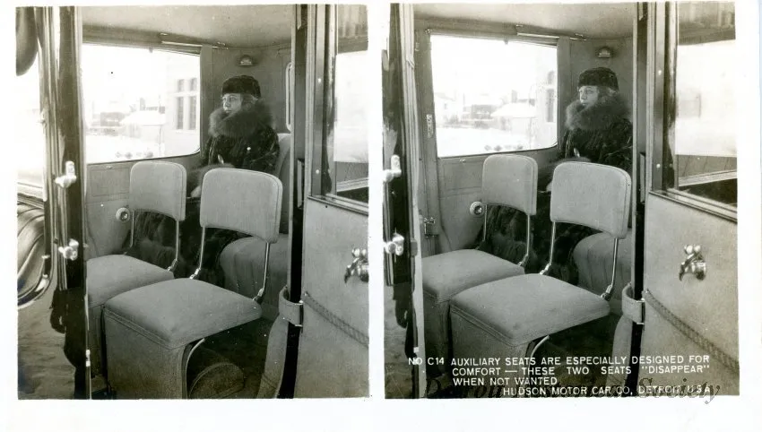 Stereograph - Auxiliary Seats Are Especially Designed For Comfort - These Two Seats "Disappear" When Not Wanted, Hudson Motor Car Co, Detroit, USA