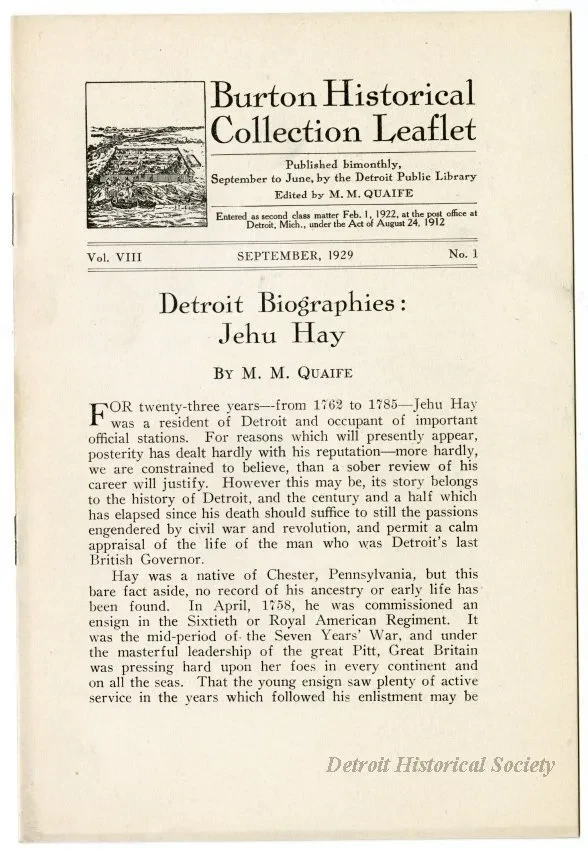 Leaflet - Burton Historical Collection Leaflet, Vol. VIII, No. 1