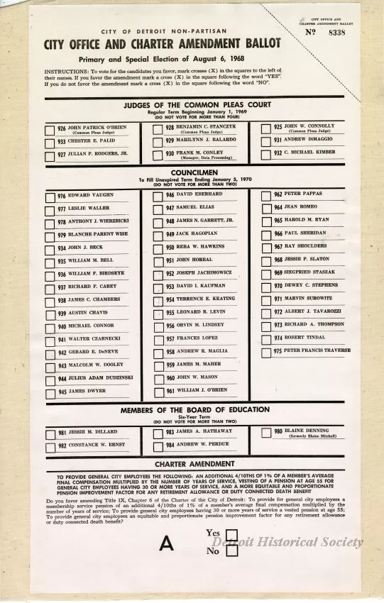Ballot - City of Detroit Non-Partisan
City Office and Charter Amendment Ballot
Primary and Special Election of August 6, 1968