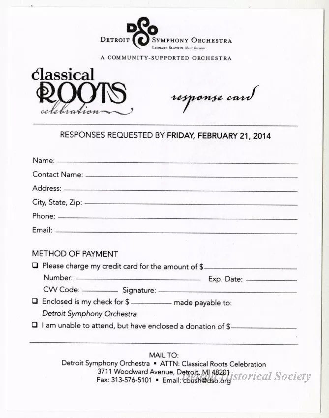 Invitation - 2014 Invitation for the  Detroit Symphony Orchestra 14th Annual Classical Roots Celebration