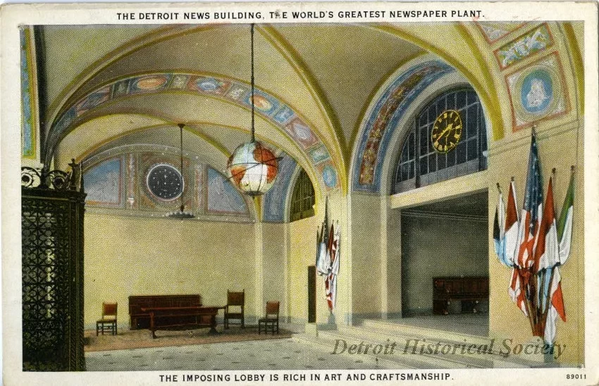 Postcard - The Detroit News Building, The World's Greatest Newspaper Plant
The Imposing Lobby is Rich in Art and Craftsmanship