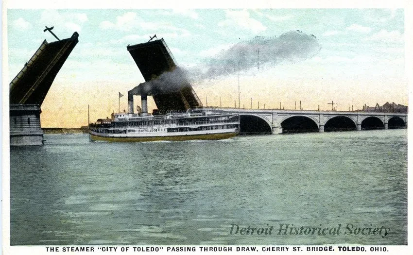 Postcard - The Steamer "City of Toledo" Passing Through Draw, 
Cherry St. Bridge, Toledo, Ohio