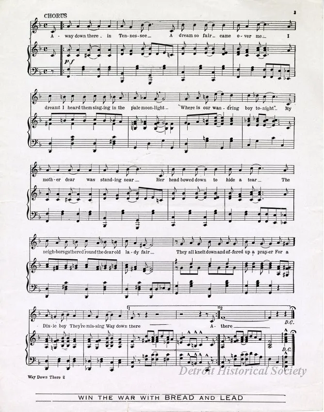 Music, Sheet - Way Down There, A Dixie Boy is Missing