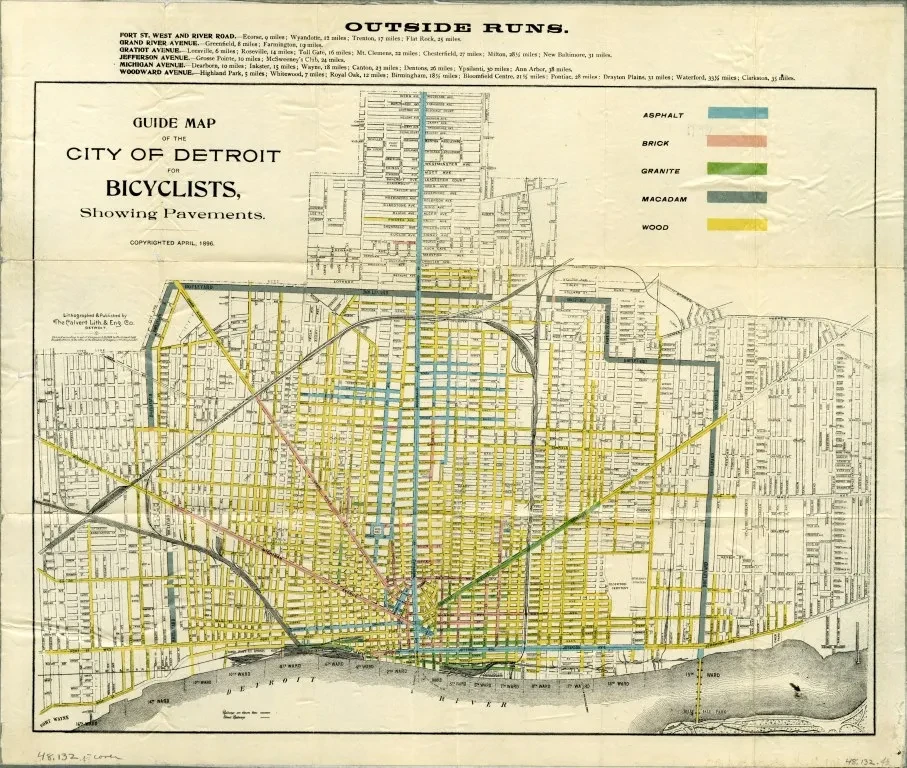 Map of Detroit bicycle routes, featuring colored lines indicating different paths through the city grid.