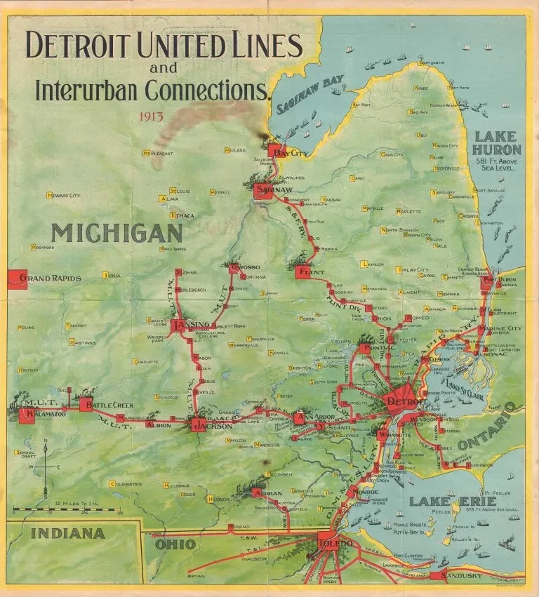 Map showing Detroit United Lines and interurban connections in Michigan, with routes marked in red across the state.