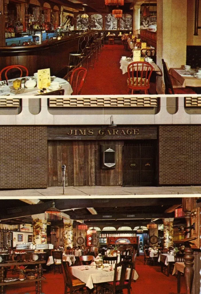 Dimly lit restaurant interior with red carpet and wooden decor, tables set with white tablecloths, and ornate decorations.