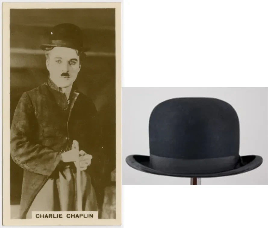 Black and white photo of a man with mustache, wearing a bowler hat. Next to it, a standalone black bowler hat.