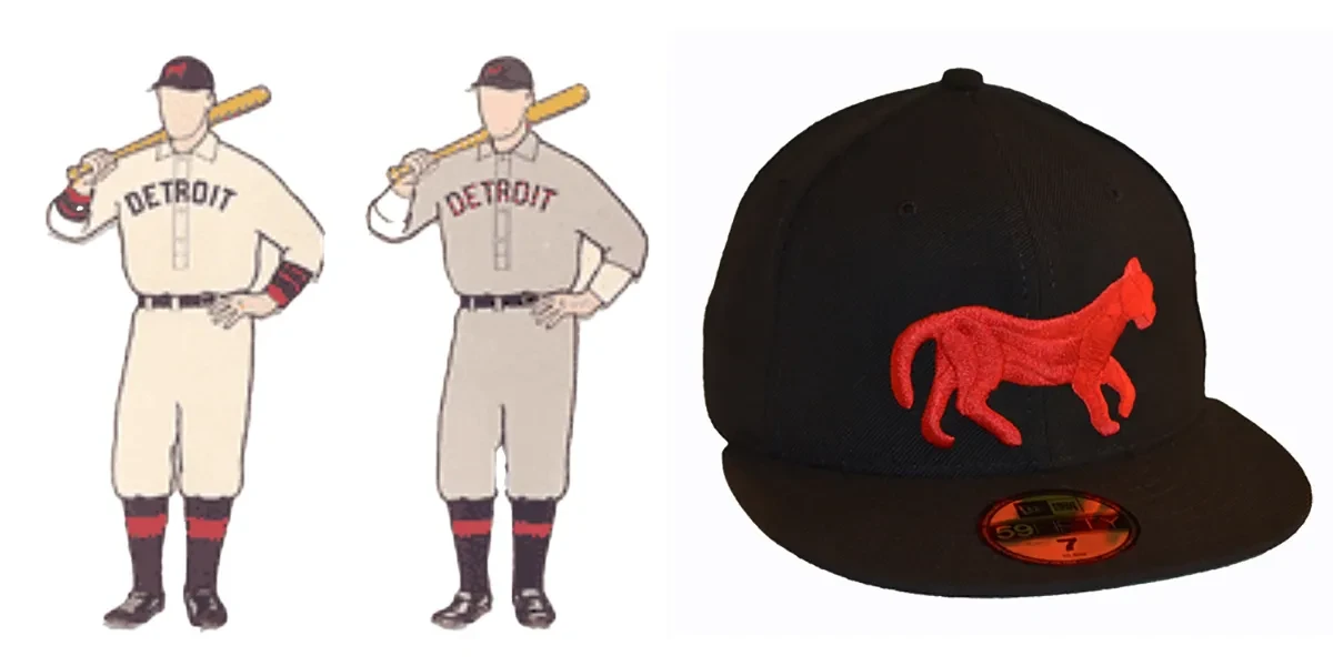 Two vintage baseball player illustrations in uniforms, next to a black cap with a red horse logo.