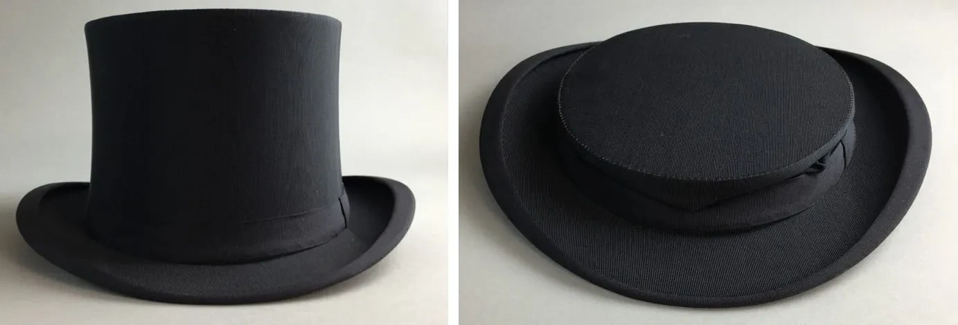 Black top hat, upright on left and folded on right, on a light background.