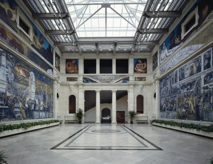 Wide corridor with large murals and a glass ceiling, flanked by columns and plants.