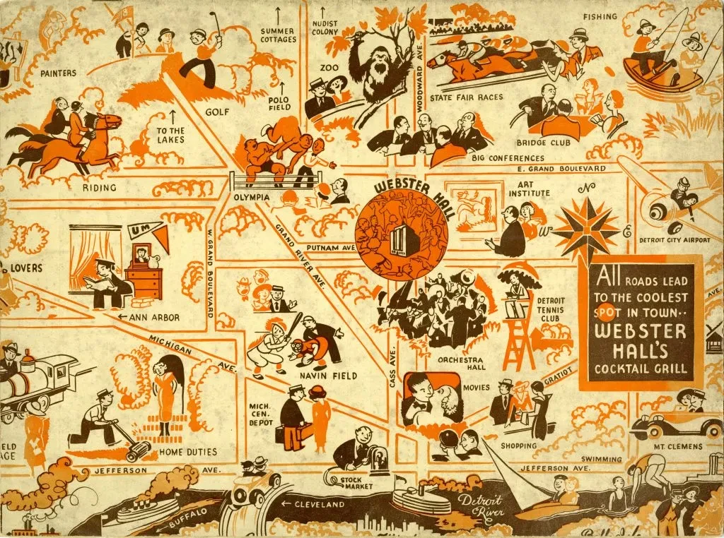 Vintage illustrated map featuring whimsical scenes and landmarks in orange and black.