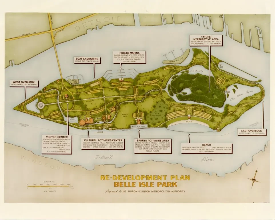 Map of Belle Isle Park redevelopment plan, featuring labeled areas and pathways in green, surrounded by water.